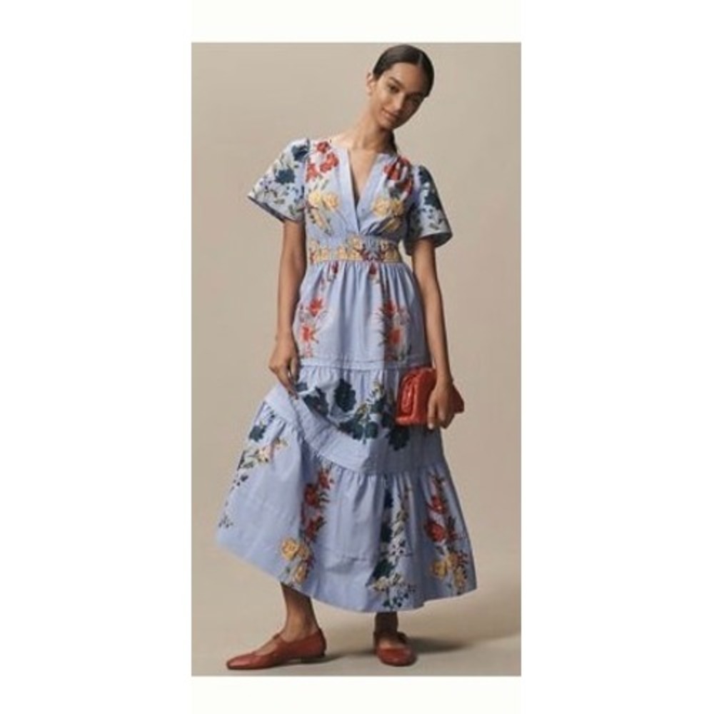 Anthropologie Somerset Maxi Dress Blue Floral Smocked Tiered Cotton XL New - Picture 1 of 9
